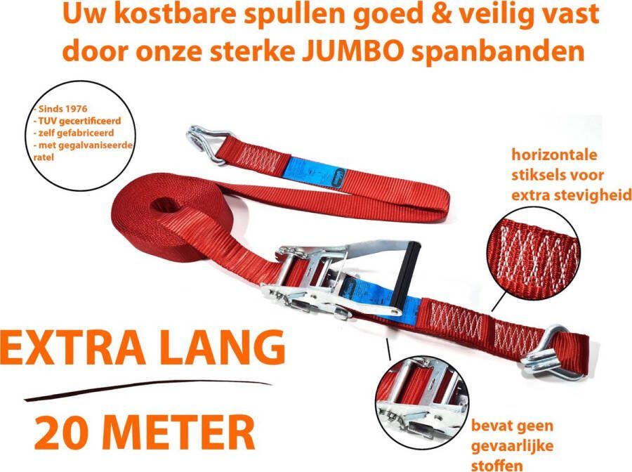 JUMBO heavy duty 2 delig spanband extra lang met ratel en J haken 20 m 50 mm 2000 4000 KG TUV gecertificeerd conform EN-12195-2