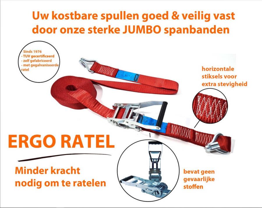 JUMBO heavy duty 2 delig spanband met ERGO ratel en J haken 9 m 50 mm 2000 4000 KG TUV gecertificeerd conform EN-12195-2