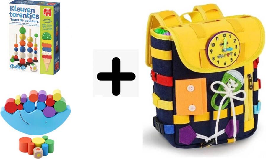 Jumbo Motoriek Rugzak en Kleuren Toren met Dobbelsteen Maan Combinatie SET – 4 Delige Combinatie Set Inclusief Poptubes WoodyDoody