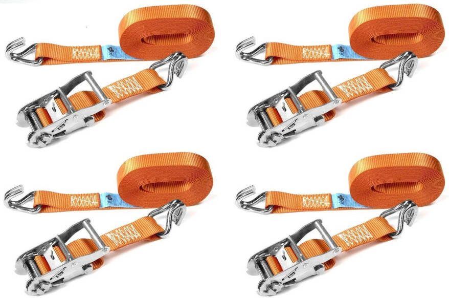 JUMBO sjorband spanband 6 meter met ratel en J haken 4 stuks 38mm breed 2000 KG fluo Oranje TUV gecertificeerd conform EN-12195-2