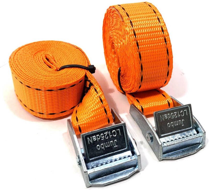 JUMBO Spanband 2 stuks 250cm 25mm met klemgesp 250KG. Fluo oranje TUV gecertificeerd conform EN-12195-2