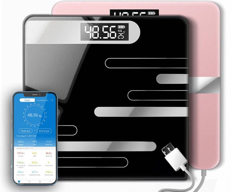 Jor Quality Digitale Personen Weegschaal Geen Batterij Nodig USB Oplaadbaar-Bluetooth- 17 Essentiële Lichaamsmetingen OKOK App Hoge Precisie Sensor Stijlvol zwart Musthave