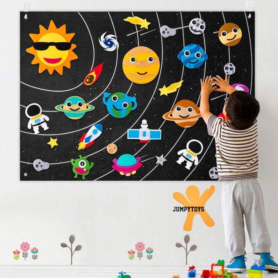 Jumpytoys Viltbord Sterren & Planeten- Velcro speelbord Educatief speelgoed 30 50 Planeten kraters Zonnen Thema Sterren & Planeten Spelbord Velcro
