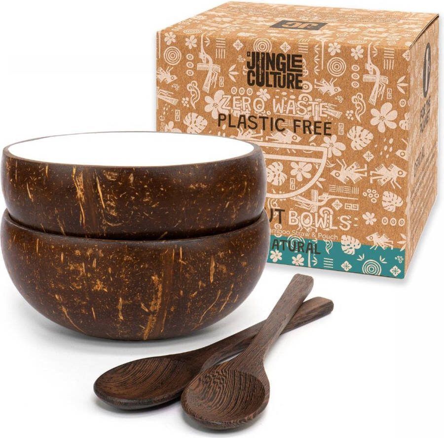 Jungle Culture Coconut bowl set van 2 met houten lepels 1 jute zakje 1 bamboe rietje en 1 reinigingsborstel • Natuurlijk vegan plasticvrij alternatief • Coconut white bowl set handgemaakt met kokosolie gepolijst • Kokosnoot kommen set