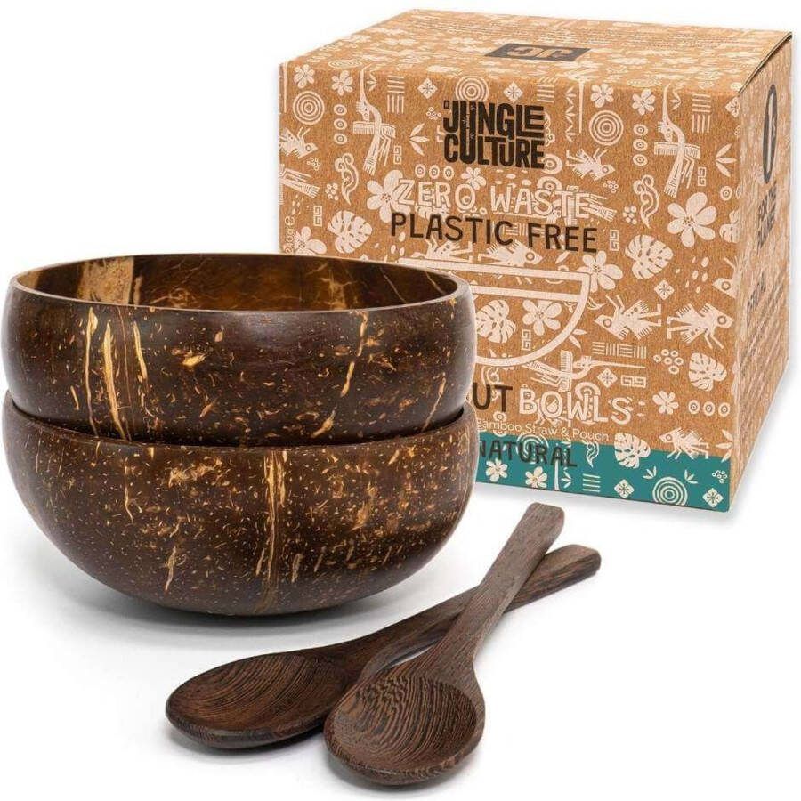 Jungle Culture Coconut bowl set van 2 met houten lepels & bamboe rietjes • Natuurlijk vegan plasticvrij alternatief • Coconut bowl set handgemaakt met kokosolie gepolijst • Kokosnoot kommen set