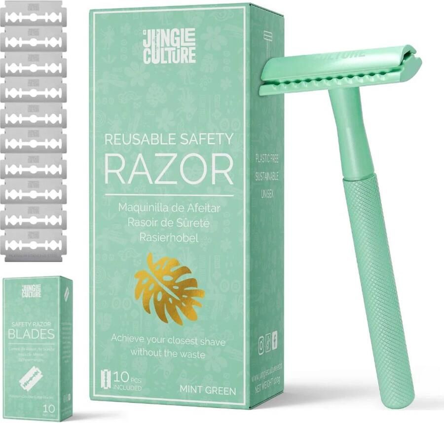 Jungle Culture Groene Safety Razor Eco-Friendly Scheermes voor Zero Waste Scheren Plasticvrij & Duurzaam Inclusief 10 Scheermesjes Herbruikbaar Unisex Scheermes voor Milieuvriendelijke Verzorging