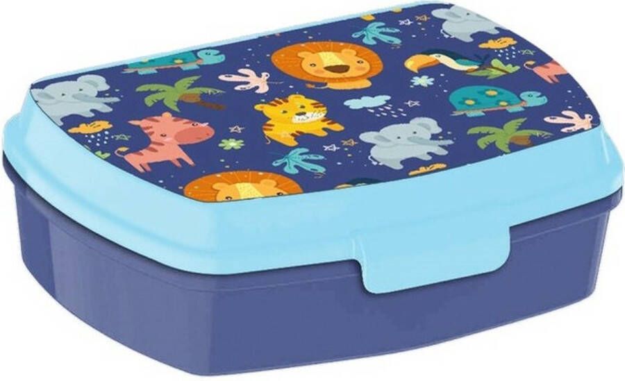 Merkloos Jungle Kids Into the jungle broodtrommel lunchbox voor kinderen blauw kunststof 20 x 10 cm Lunchboxen