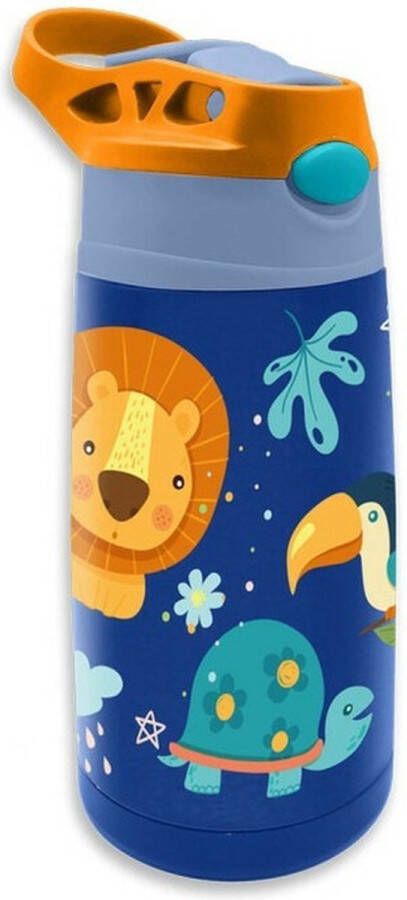 Merkloos Jungle Kids Into the Jungle drinkfles drinkbeker bidon met drinktuitje blauw RVS 400 ml Schoolbekers