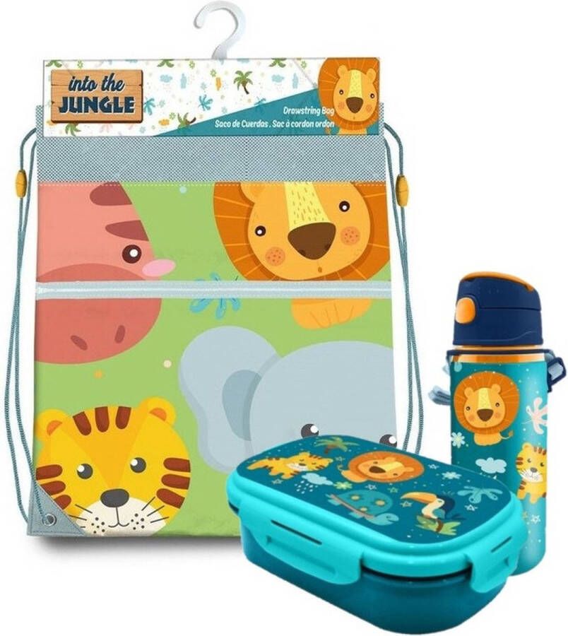 Merkloos Jungle Kids Into the jungle lunchbox set kinderen 3-delig blauw incl. gymtas schooltas Lunchboxen