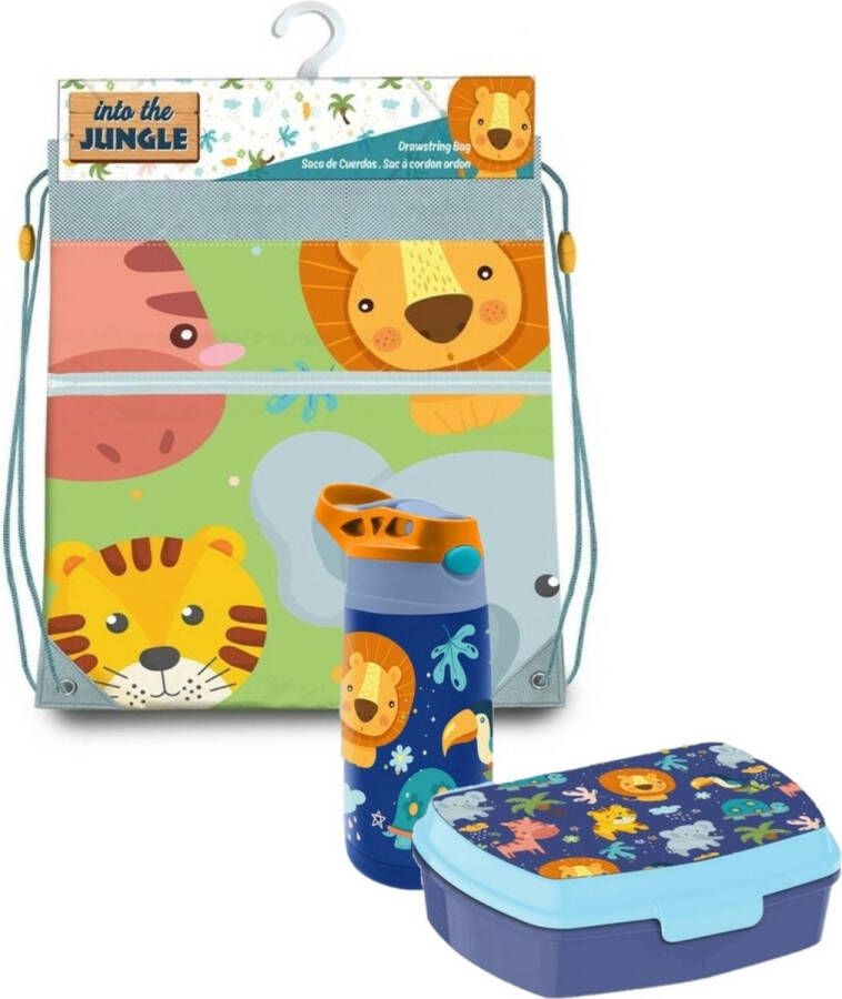 Merkloos Jungle Kids Into the jungle lunchbox set kinderen 3-delig groen incl. gymtas schooltas Lunchboxen