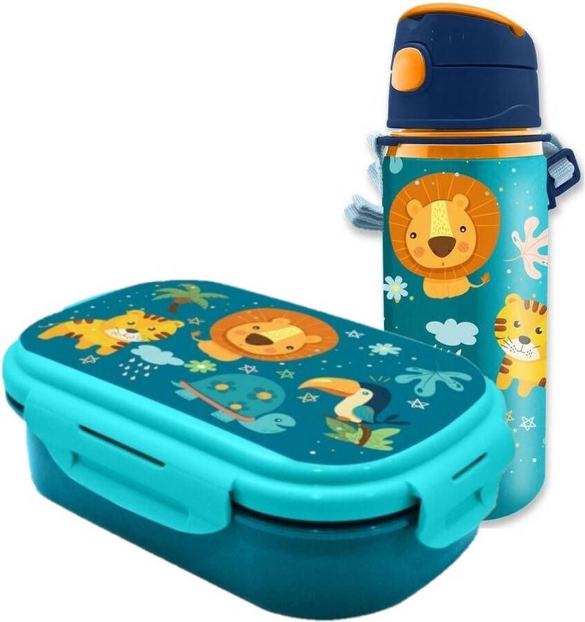 Merkloos jungle Kids Into the Jungle lunchbox set voor kinderen 2-delig blauw kunststof Lunchboxen