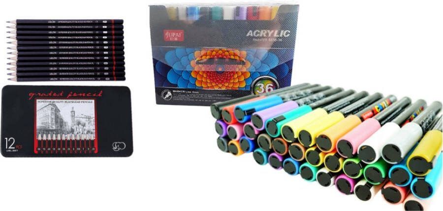 Jupai 36 Acryl Stiften + Uslon 12 Professionele Grafiet Schets Tekenpotloden Set In Blik 8B 7B 6B 5B 4B 3B 2B B HB F H 2H Potloden Zwart Verf Stiften Tekenstiften Acryl Marker Paintmarkers Tekenset Happy Stones 4mm