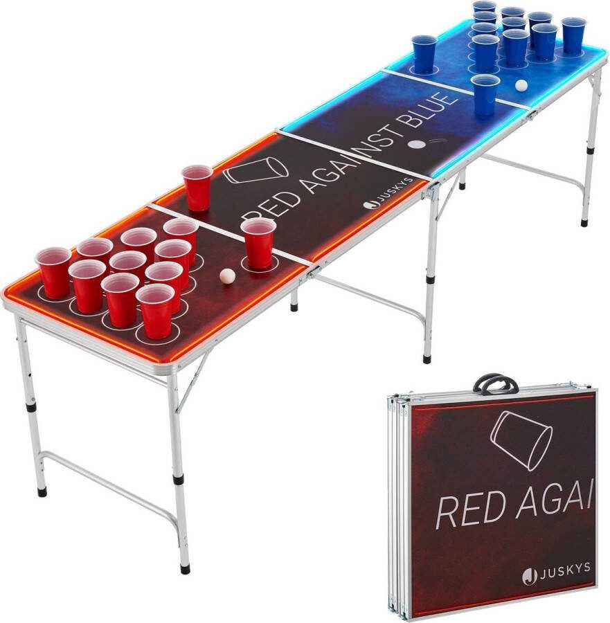 Juskys Beerpong Tafel Beerpongset Red vs. Blue LED Verlichting Verstelbaar & Inklapbaar Incl. 100 bekers & 6 ballen