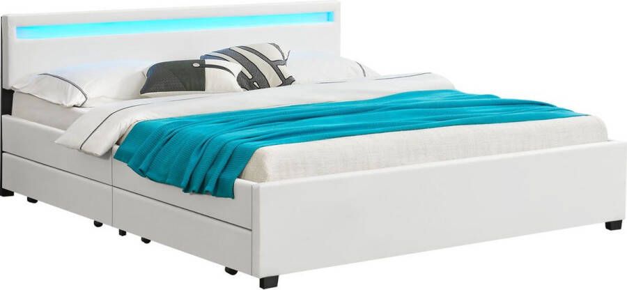 Juskys Gestoffeerd Bed Lyon 180 x 200 cm Wit LED Verlichting & Bedlades