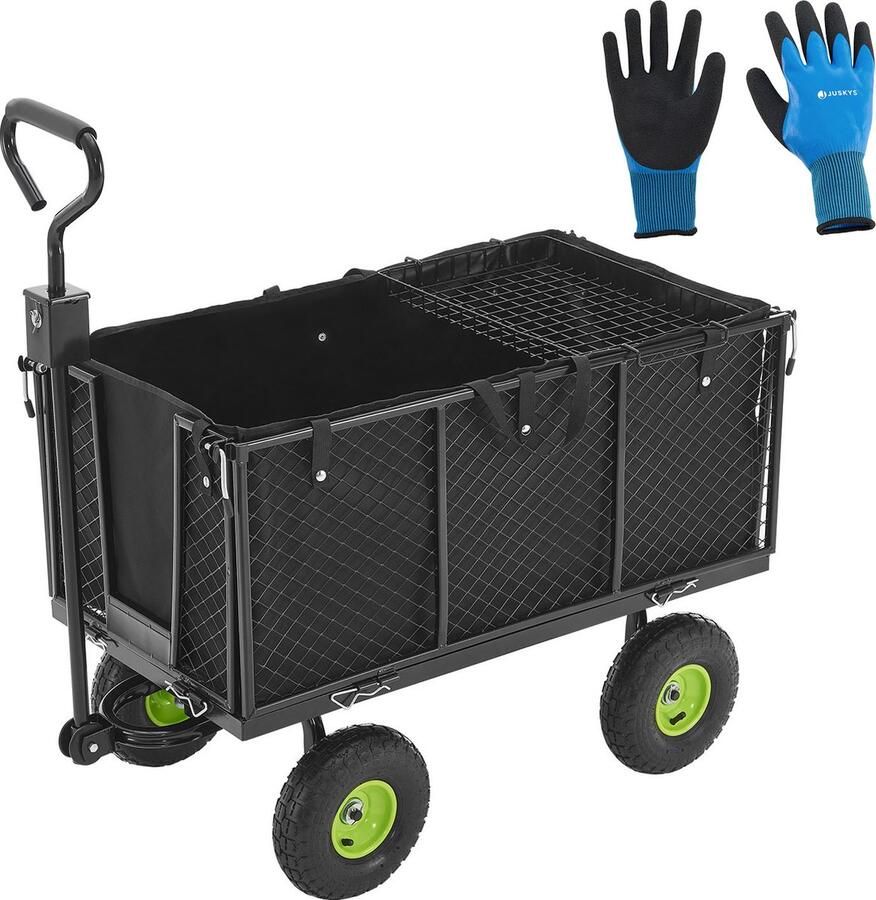 Juskys Metalen Tuinwagen Tuinkar Bolderkar Luchtbanden Max. 350 KG Incl. Handschoenen & Binnenzeil