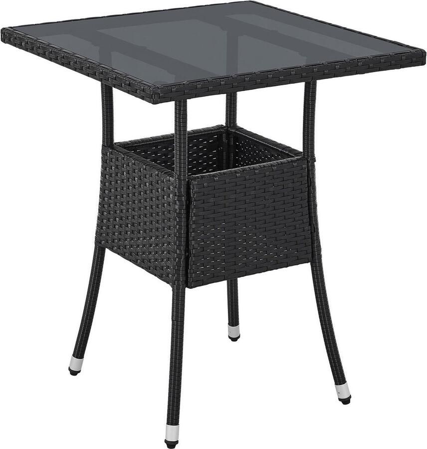 Juskys Polyrotan Tuintafel Bijzettafel Balkontafel Yoro Vierkant 60 x 60 cm Zwart Incl. Glasplaat