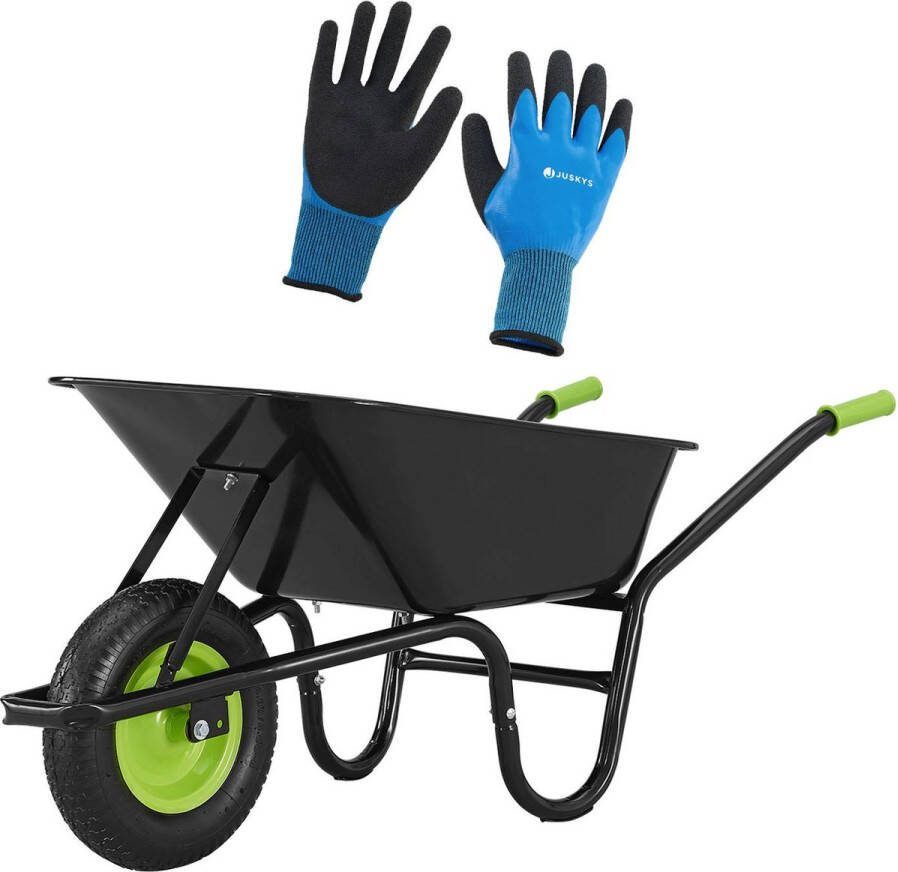 Juskys Kruiwagen 100 Liter Luchtbanden Zwart Max. 210 KG Incl. Handschoenen