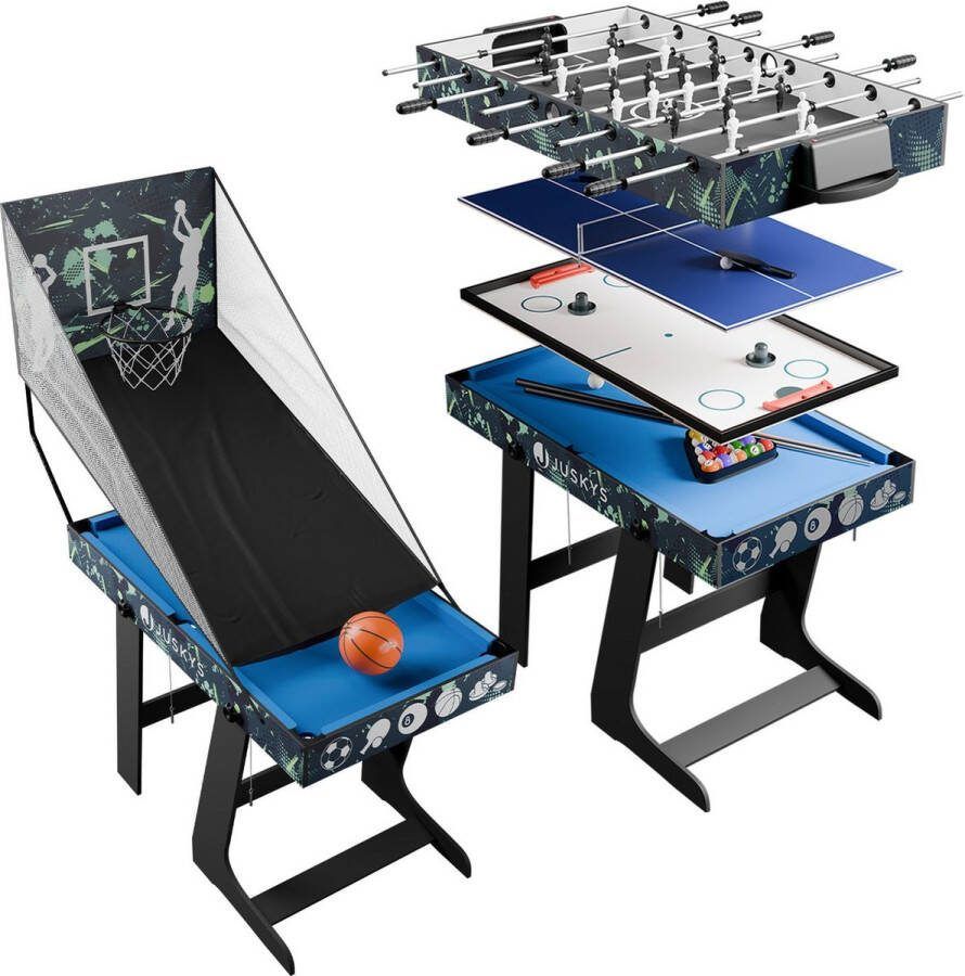 Juskys Multi-Speeltafel 5 in 1 104 x 58 x 73 cm Biljart Tafelvoetbal Hockey Tafeltennis Basketbal Incl. Toebehoren