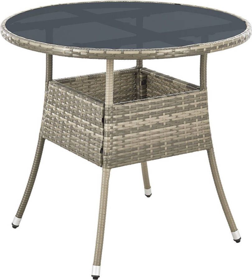 Juskys Polyrotan Tuintafel Bijzettafel Balkontafel Yoro Rond 80 cm Grijs Incl. Glasplaat