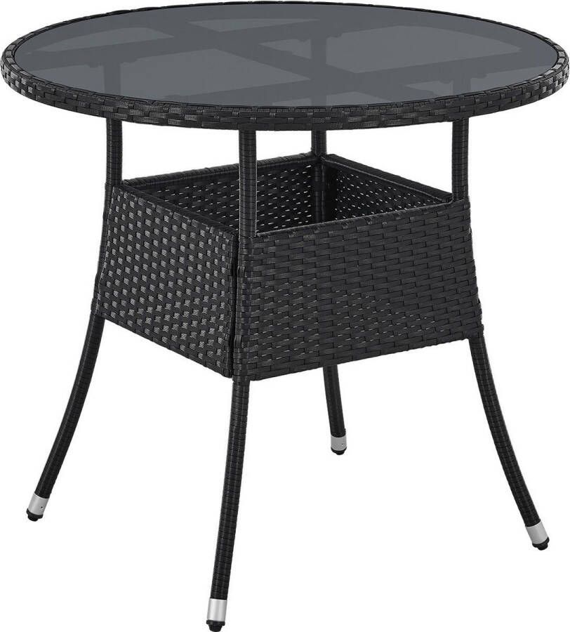 Juskys Polyrotan Tuintafel Bijzettafel Balkontafel Yoro Rond 80 cm Zwart Incl. Glasplaat