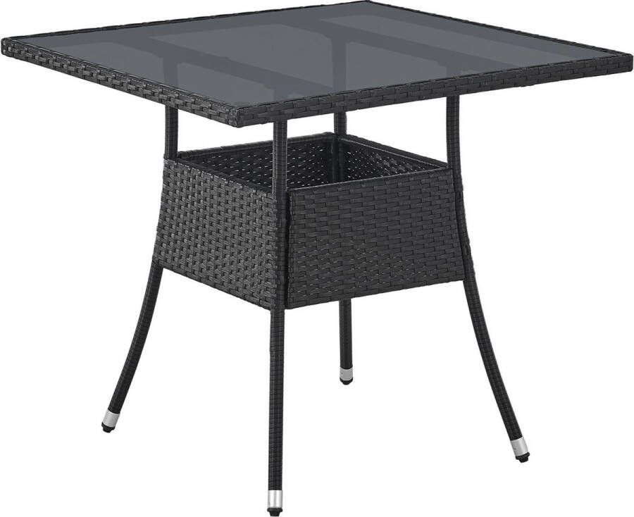 Juskys Polyrotan Tuintafel Bijzettafel Balkontafel Yoro Vierkant 80 x 80 cm Zwart Incl. Glasplaat