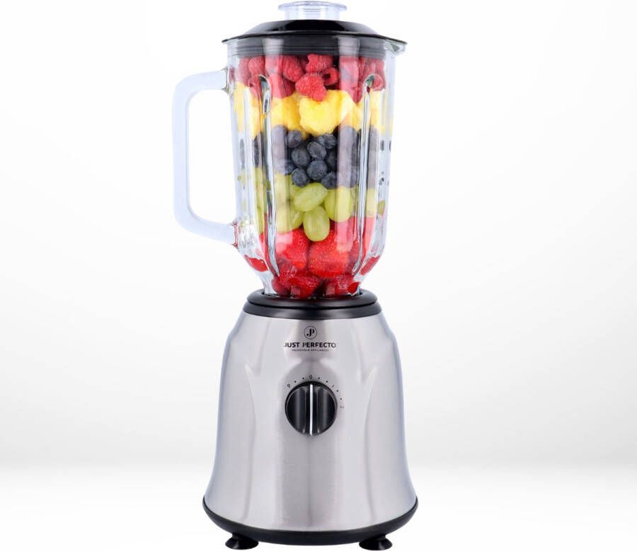 JUST PERFECTO HOUSEHOLD APPLIANCES Just Perfecto Blender & Smoothie Maker 800W 1.5L Glass RVS Krachtig En High Speed Blender Krachtig En High Speed Blender BPA-VRIJ 2 snelheden en pulsfunctie Ijscrusher Vaatwasserbestendig 6 RVS Mesjes Zilver