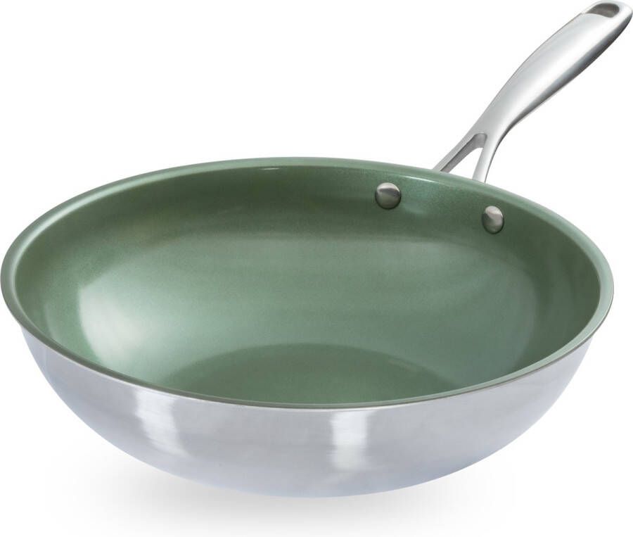 Just Vegan Ceravegan RVS ECO wokpan – 28cm 100% vegan plantaardige anti-aanbaklaag avocado-olie – duurzame wok Met GRATIS panbeschermer