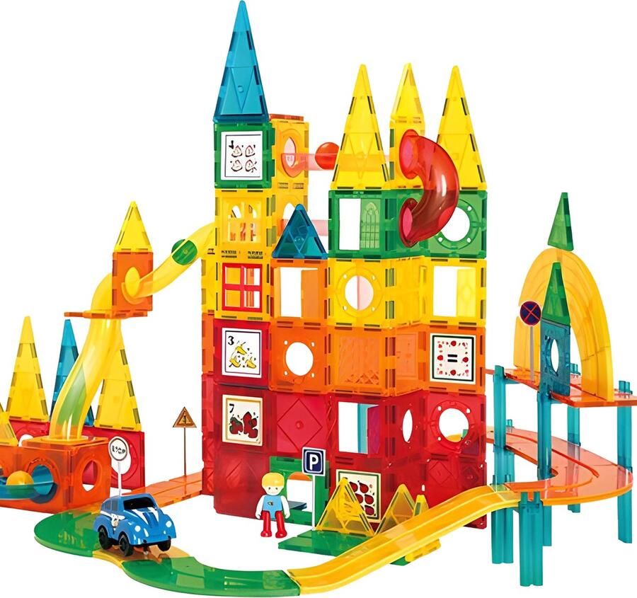 JUST23 Magnetic Tiles 2-in-1 Knikkerbaan & Racebaan Magnetische Speelgoed 200 stuks Maak Je Eigen Dorp Educatief & Constructie Speelgoed KBM200