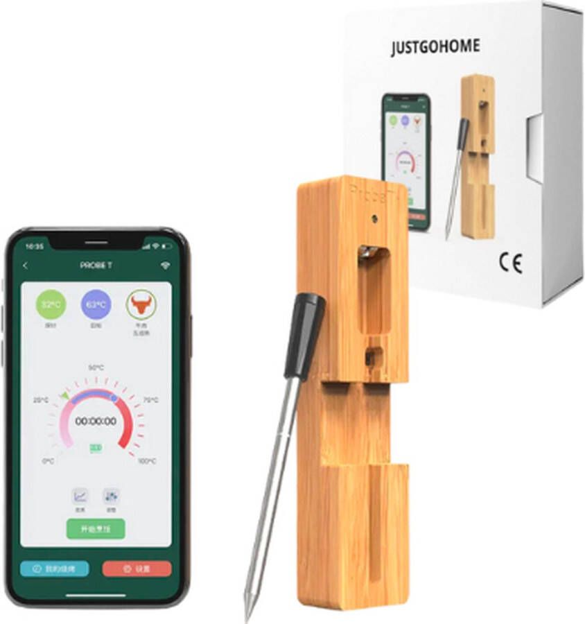 JustGoHome Vleesthermometer BBQ thermometer Oventhermometer Draadloos Bluetooth & App RVS & Snelladen 30 meter bereik Inclusief E-Book