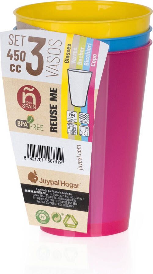 Juypal Hogar Juypal drinkbekers 3x multi kunststof 450 ml herbruikbaar Drinkglazen