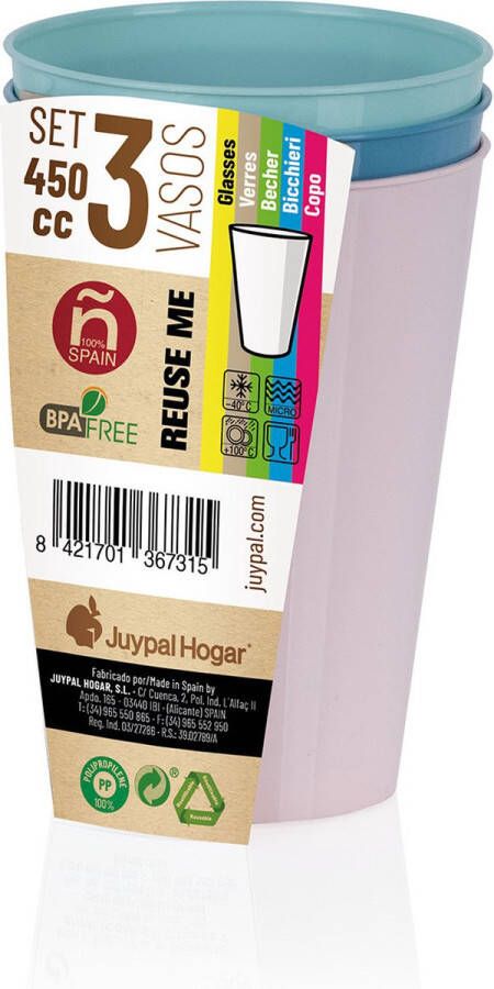 Juypal Hogar Juypal drinkbekers 6x pasteltinten kunststof 450 ml herbruikbaar Drinkglazen