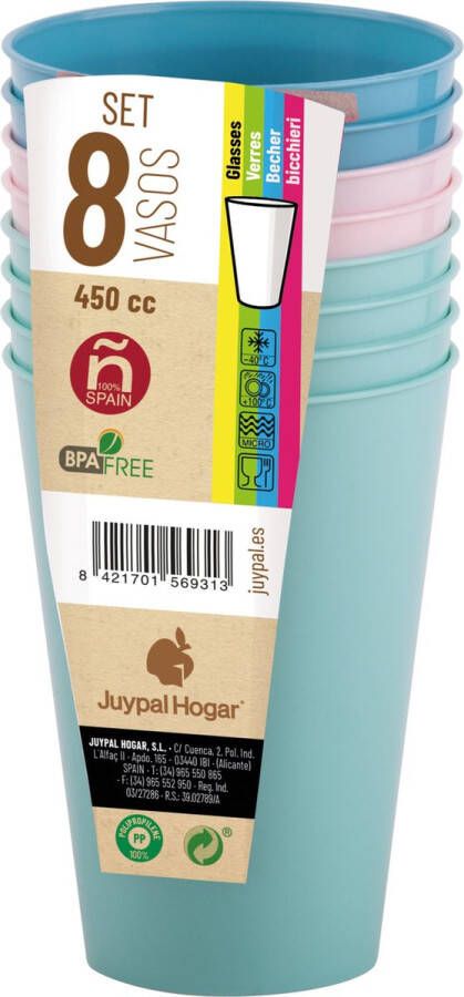 Juypal Hogar Juypal drinkbekers -8x pasteltinten kunststof 450 ml herbruikbaar Drinkglazen