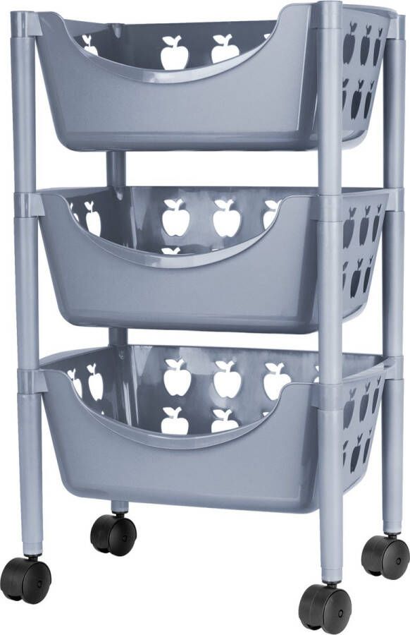 Juypal Hogar Juypal Keukentrolley met appelmotief 3-laags grijs kunststof 45 x 29 5 x 70 5 cm Opberg trolley