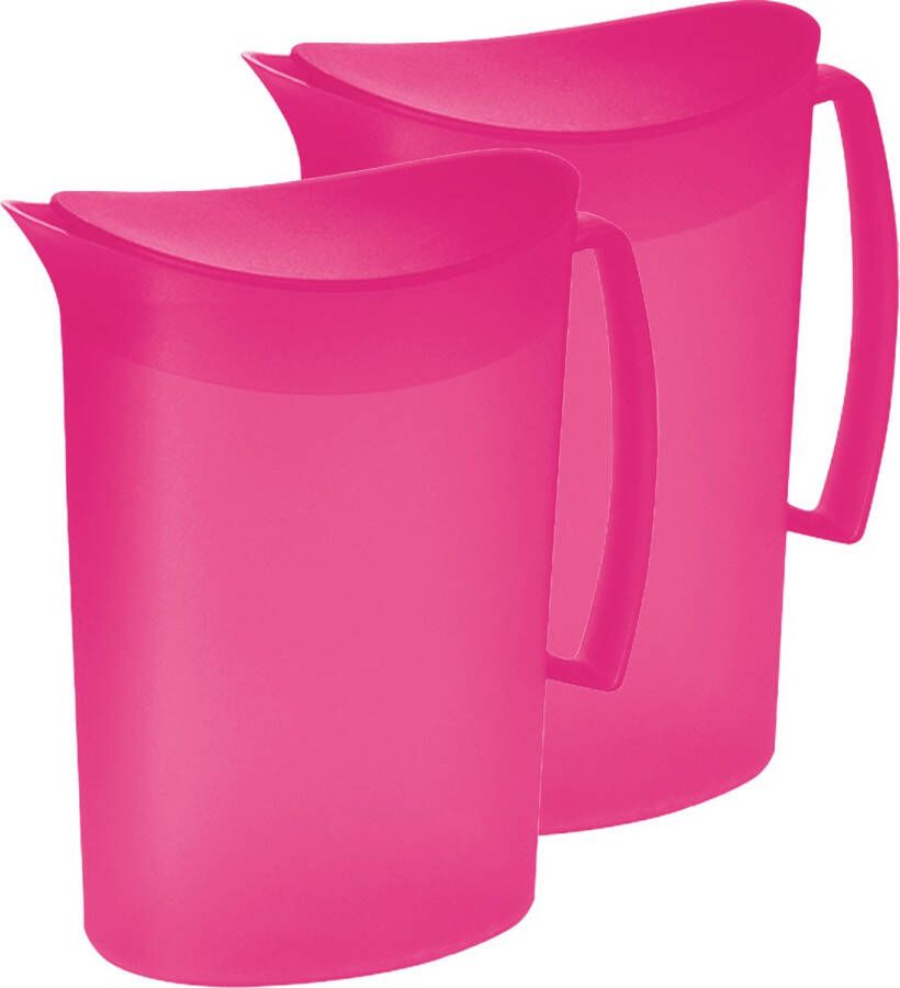 Juypal Hogar Juypal Schenkkan waterkan 2x fuchsia roze 2 liter kunststof L20 x H23 cm met deksel Schenkkannen