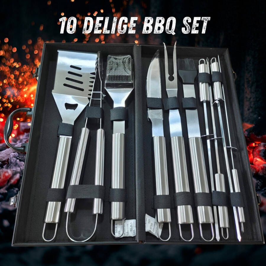JVO BBQ Products Luxe Barbecuegereedschapset Zwarte 10-Delige BBQ Set in Luxe Koffer voor de Perfecte Grillervaring