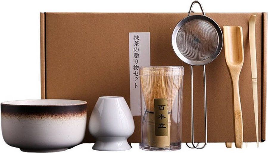 K&B Lifestyle Matcha thee set compleet 8-delige luxe thee set Matcha Poeder 100g Matcha Klopper keramiek Wit