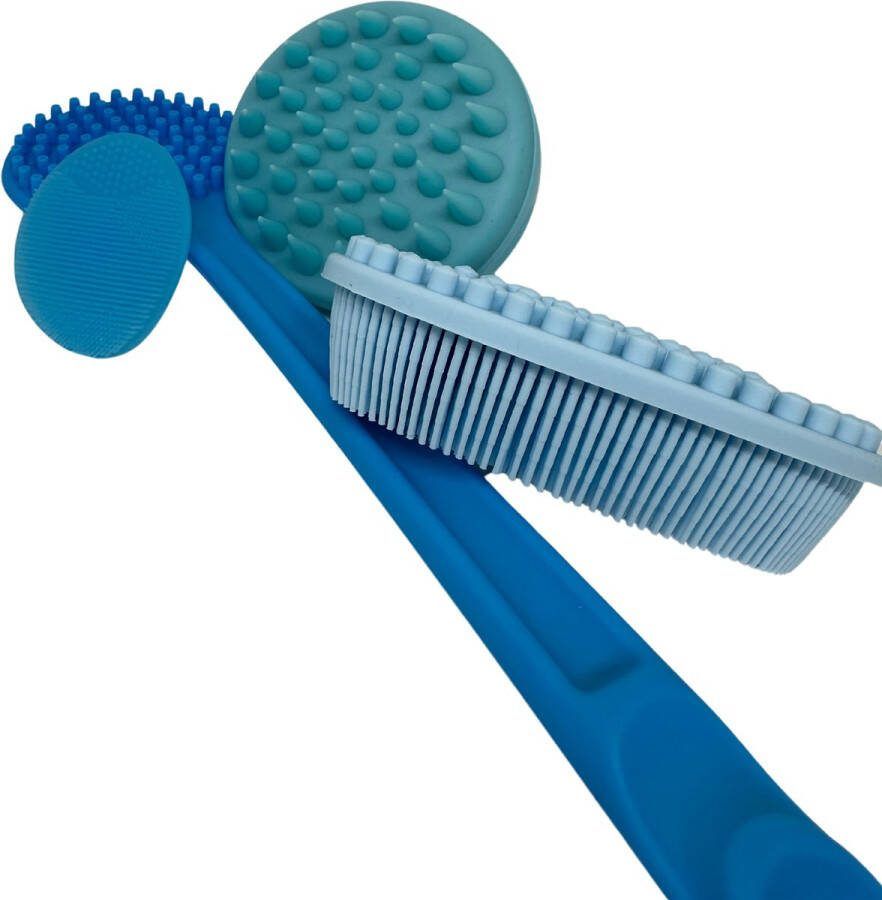 K&B Lifestyle Siliconen Borstel Complete 4-delige set Blauw (Oceaan tinten) Hoofborstel Gezichtsborstel Rugborstel Badborstel Lichaamsborstel