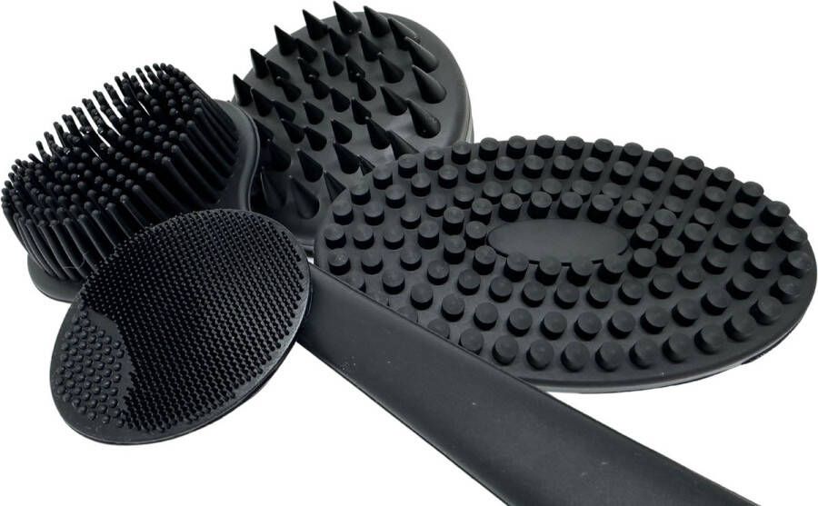 K&B Lifestyle Siliconen Borstel Complete 4-delige set Zwart Hoofdborstel Gezichtsborstel Rugborstel Badborstel Lichaamsborstel