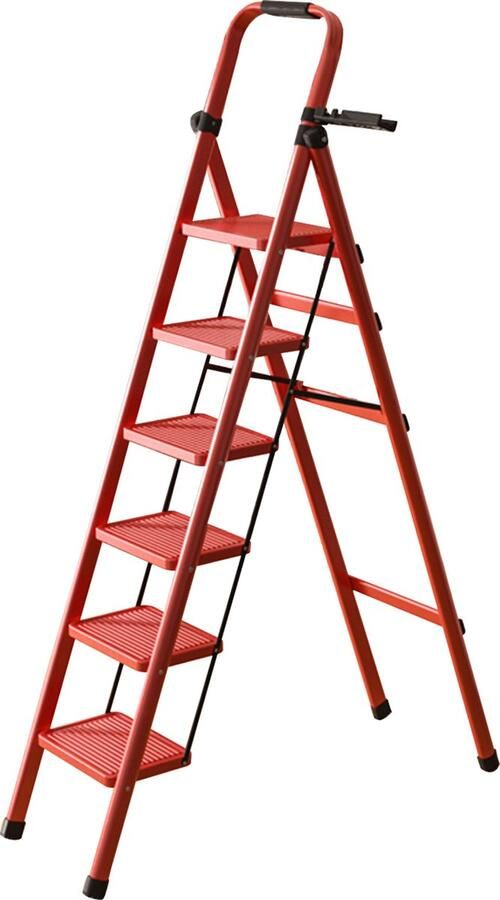 FOXSPORT Keukentrap 6 treden huishoudtrap Opvouwbaar Inklapbaar opstapje Antislip -Met gereedschapshouder metaal Max. Werkhoogte 340 cm Rood
