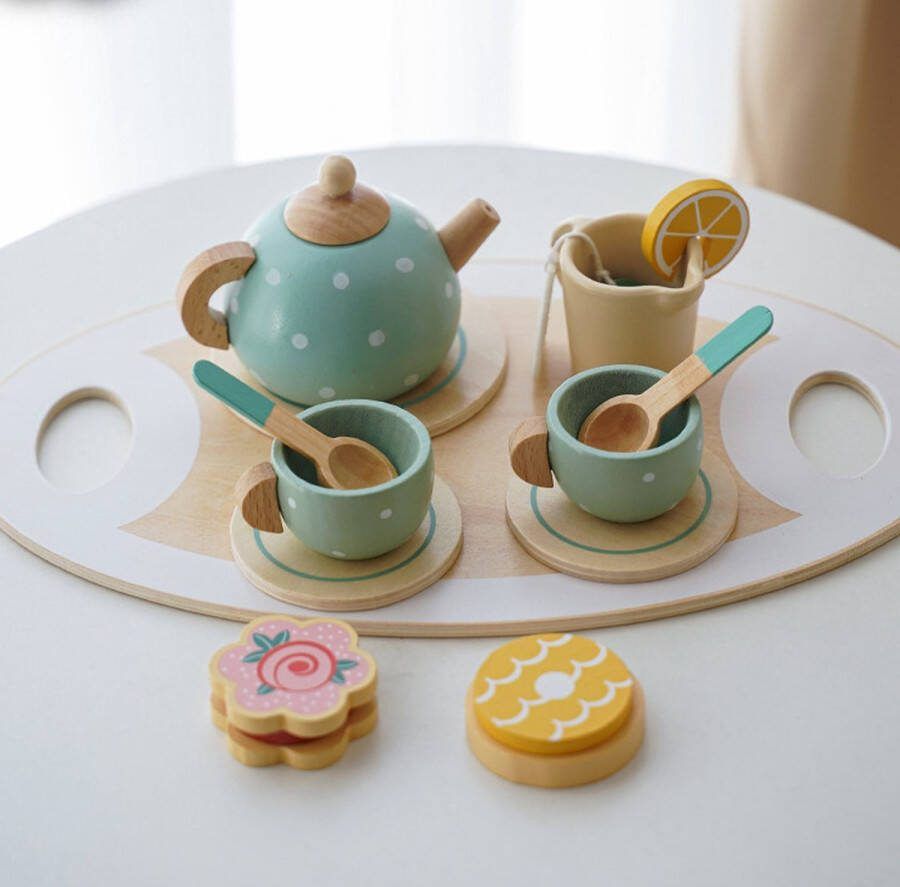 Kabi Houten Afternoon Tea Set Keukenspeelgoed hout keukenspeelgoed accessoires Montessori Speelgoed Rollenspel Educatief Speelgoed Voor Peuters Meisjes Jongens 14 Delig