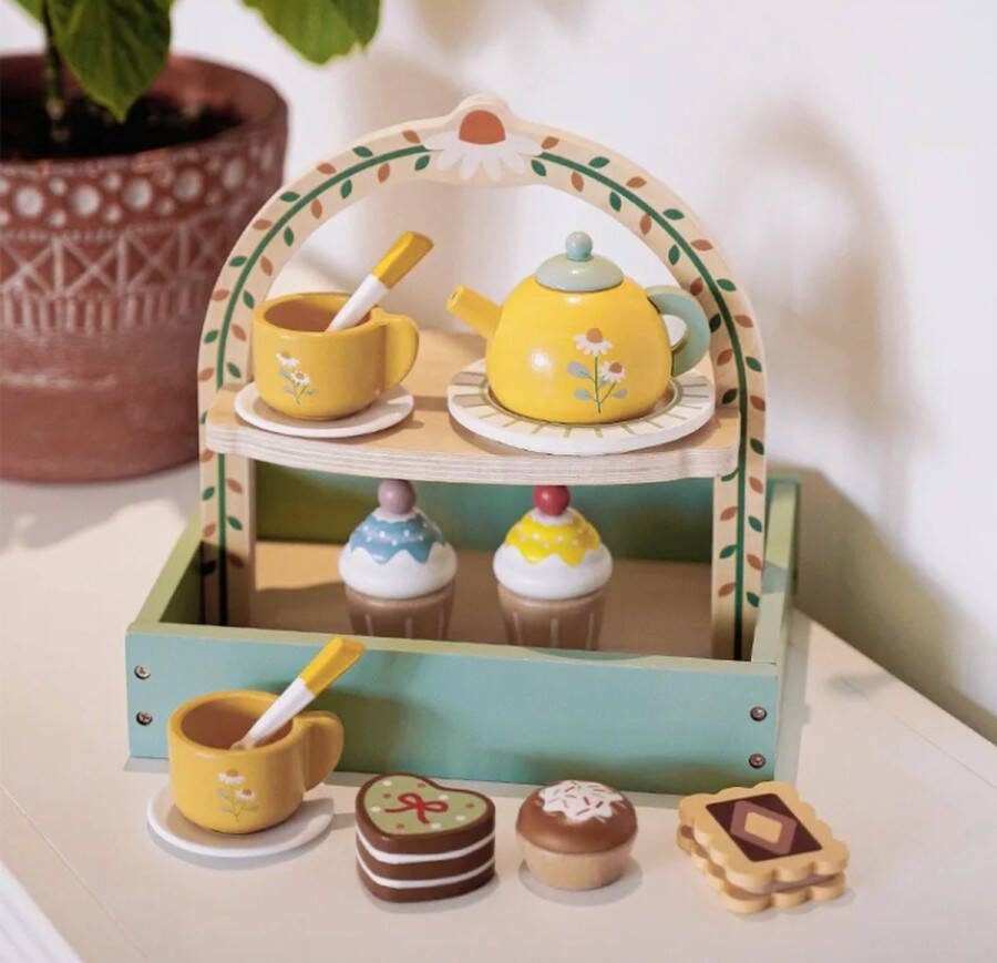 Kabi Houten thee set 'Enjoy my Royaltea' Keukenspeelgoed Hout Keukenspeelgoed accessoires Montessori speelgoed Rollenspel Educatief Speelgoed Voor Peuters Meisjes Jongens 14 delig