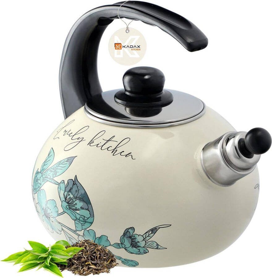KADAX Waterketel ketel van roestvrij staal 2 l fluitketel waterkoker voor inductie en gasfornuis theeketel emailleketel retro ketel met pijp Groene Bloemen