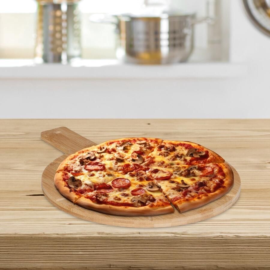 Kadirelli Pizzaplank met Pizzasnijder Bamboe Pizza Serveerplank met Handvat 34cm