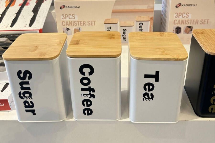 Kadirelli Voorraadbussen met Bamboe deksel Koffie Thee en Suiker Wit