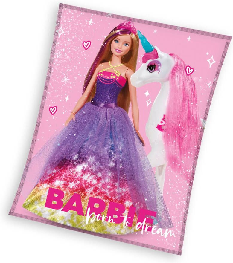 Kadododo Barbie Fleece deken- unicorn- roze- polyester- 130x170cm- groot en warm