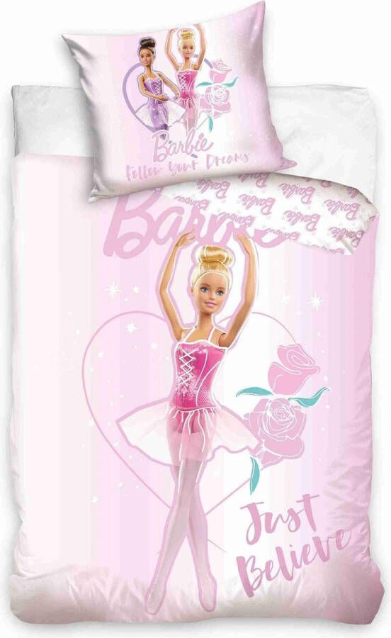Kadododo Dekbedovertrek Barbie- roze- Danseres Barbie- 140x200cm- Katoen- NL kussensloop- dubbelzijdig- ritssluiting