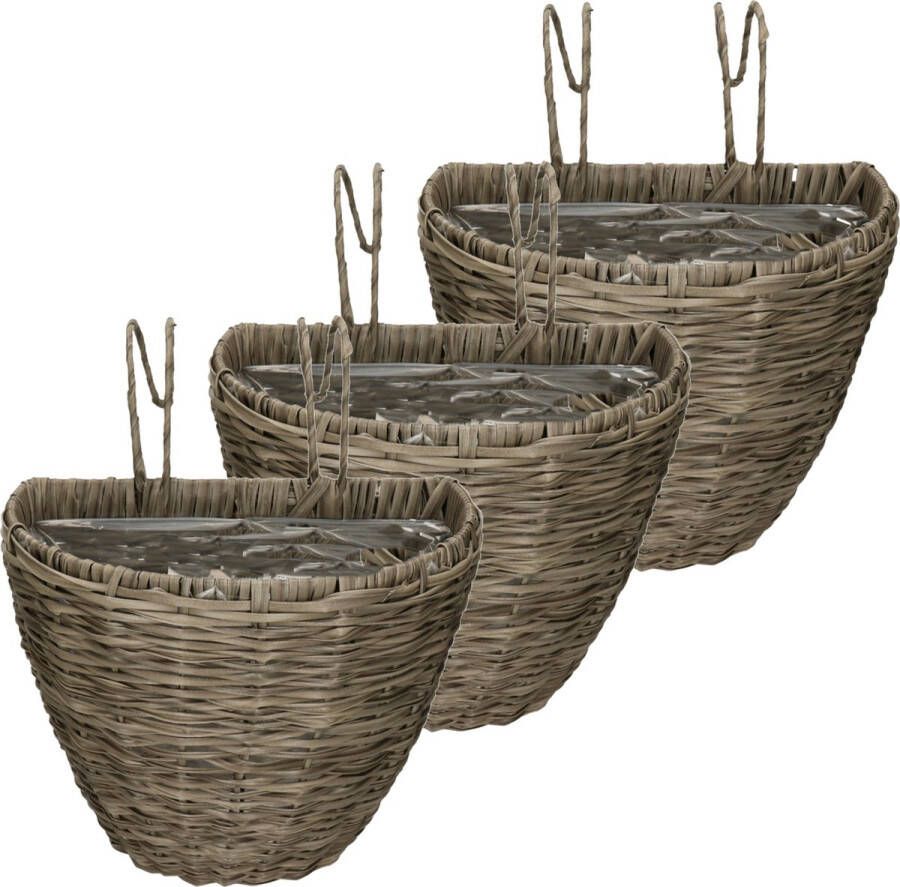 Kaemingk 3x stuks balkonmand plantenmand plantenbak lichtbruin rotan 38 cm Hangende plantenbakken voor balkonreling