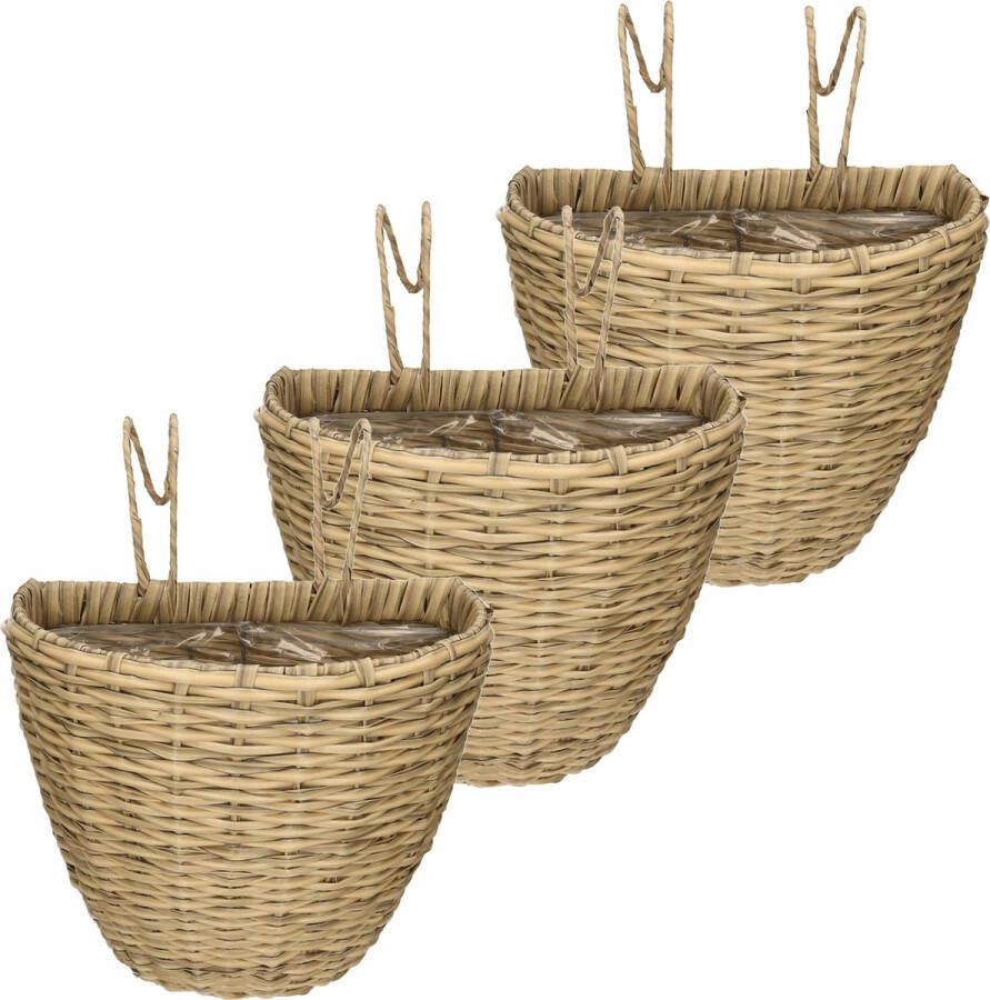 Kaemingk 3x stuks balkonmand plantenmand plantenbak lichtbruin rotan 38 cm Hangende plantenbakken voor balkonreling