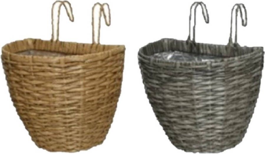 Decoris Set Van 2x Stuks Balkonmanden plantenmanden plantenbakken Grijs En Bruin Rotan 38 Cm Plantenbakken