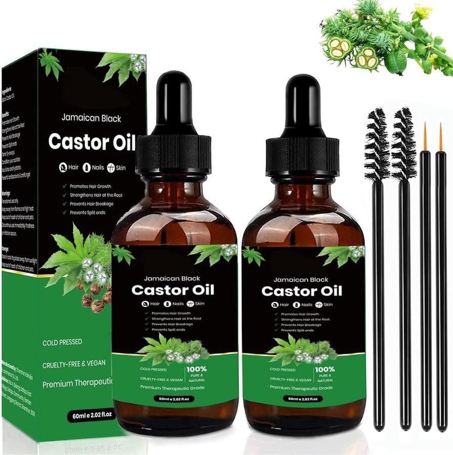 KAIYOCA 2 Pack Jamaicaanse zwarte ricinusolie voor haargroei 100% pure koudgeperste ricinusolie voor haar wimpers wenkbrauwen massageolie voor aromatherapie